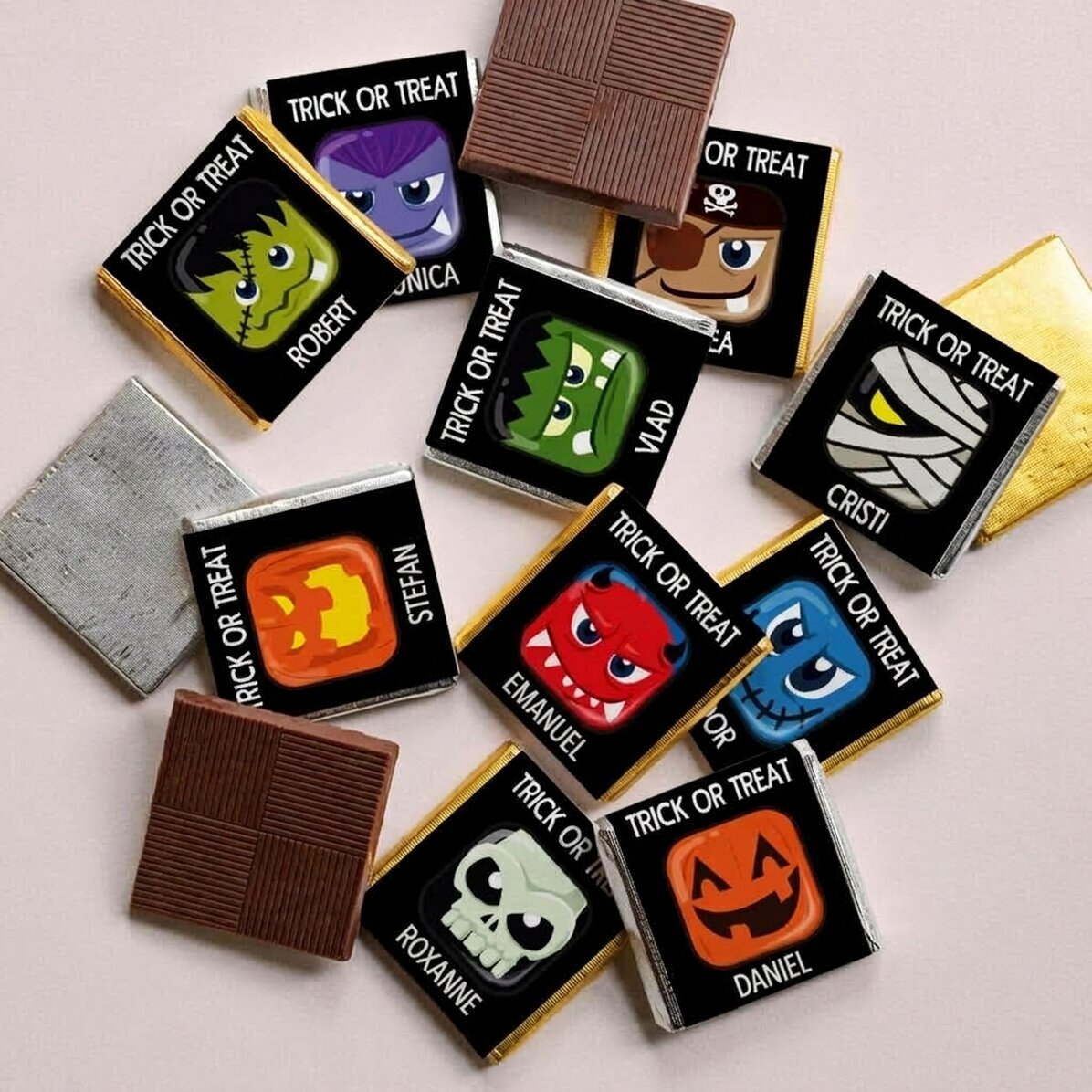 Set of 10 mini chocolates personalised with text - Trick or Treat