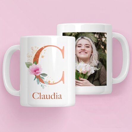 Personalised mug with initial, name and photo