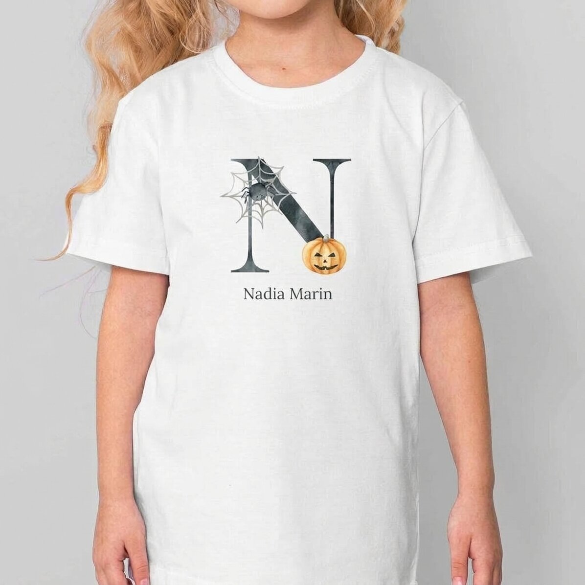 Customised cotton T-shirt for children with name and initial - Halloween