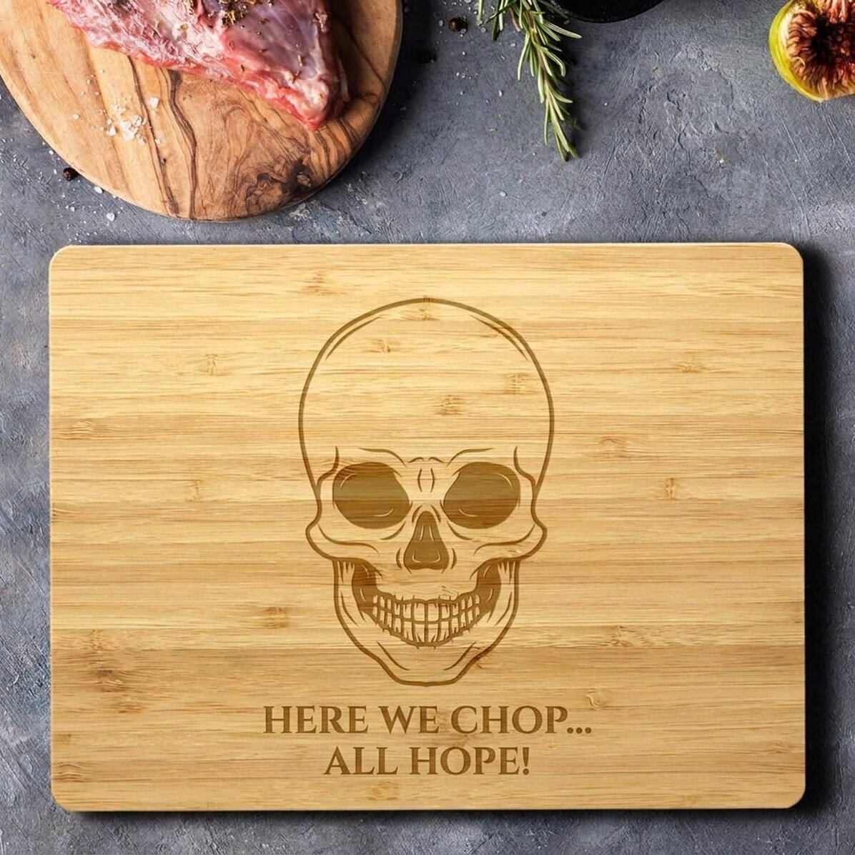 Customised rectangular bamboo chopping board with text - Skeleton