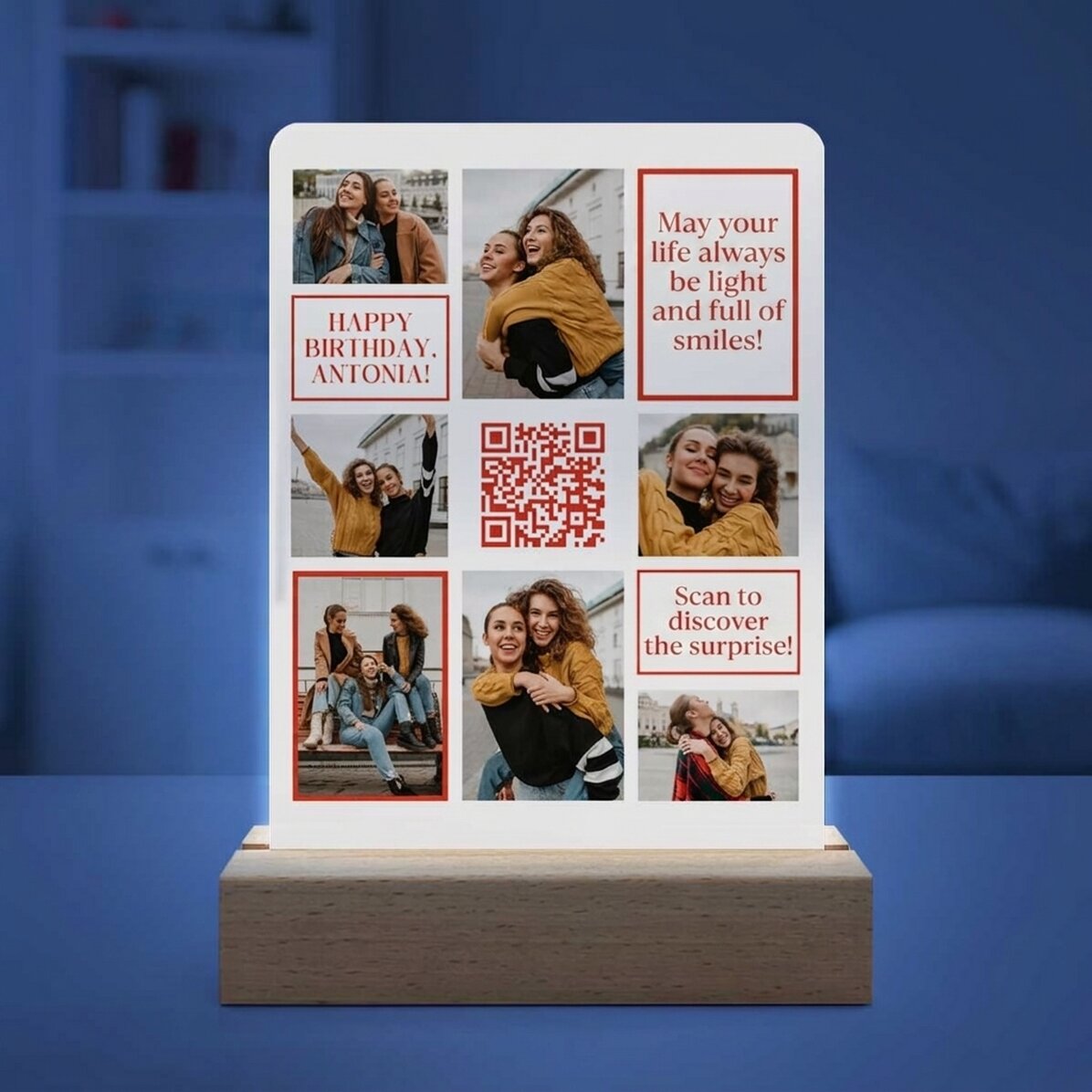 Personalised LED night light with 7 photos, message and QR code - Happy Birthday!