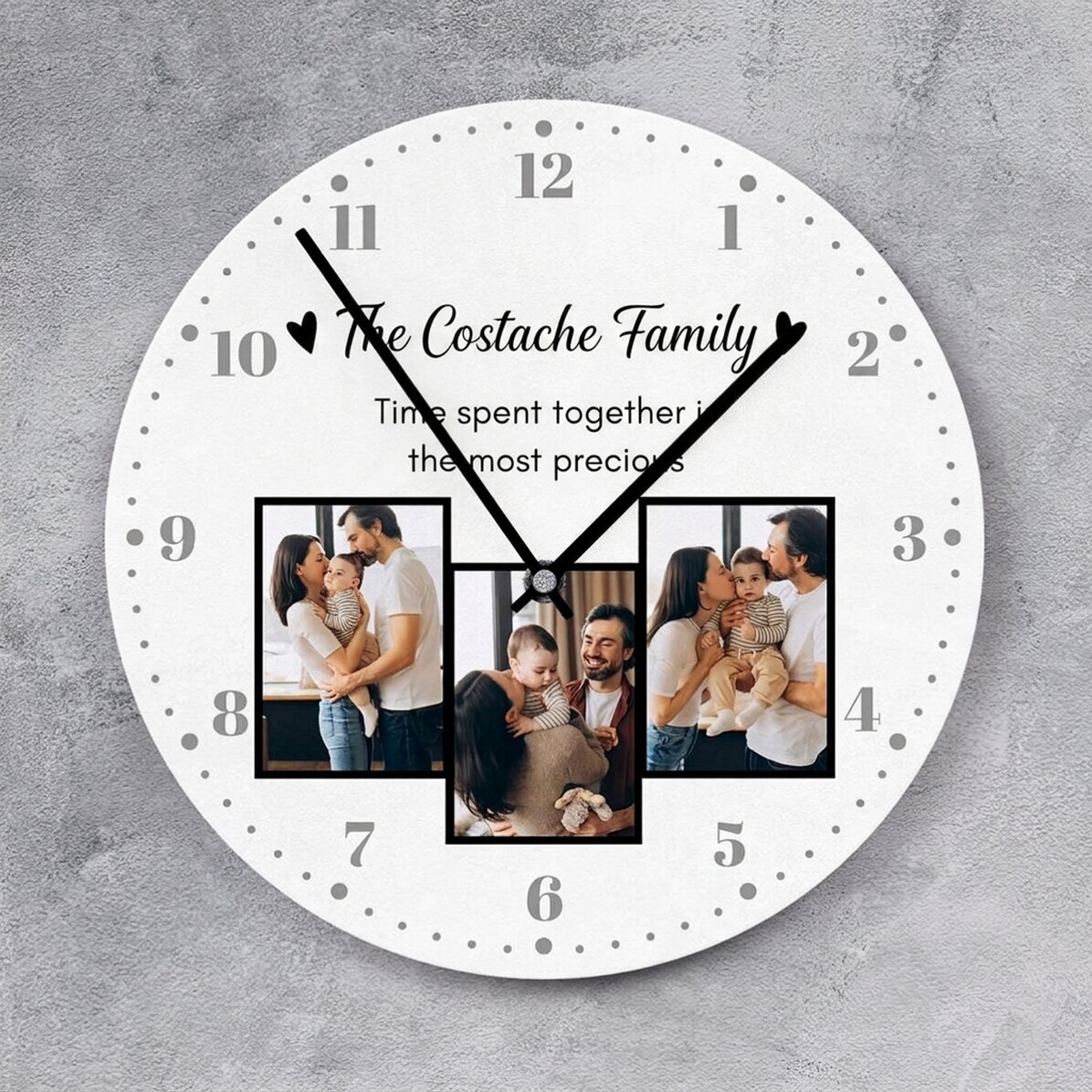 Personalised clock with 3 photos and text - Family