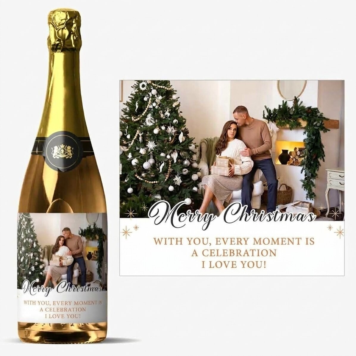 Personalised sparkling wine with text and a photo - Merry Christmas