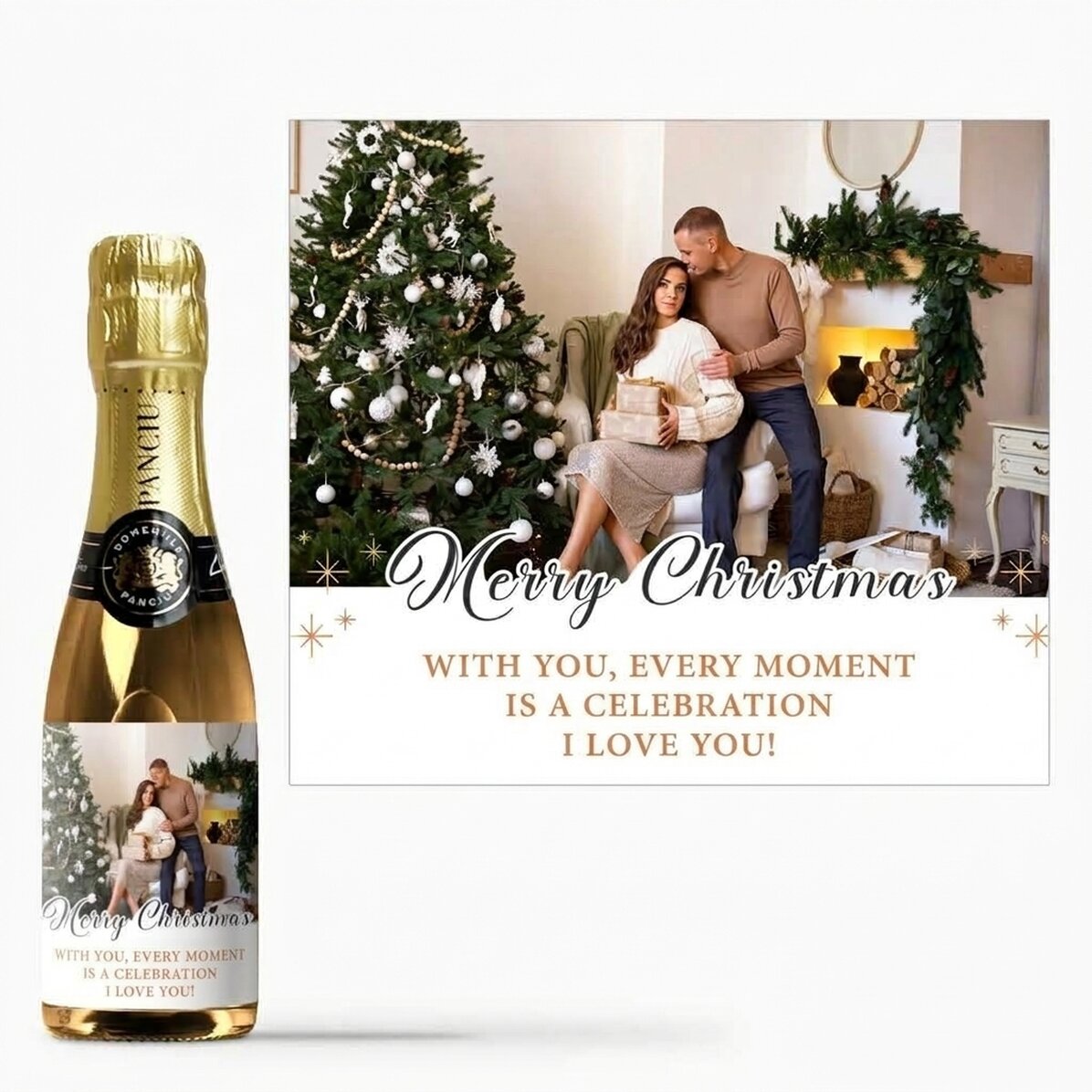 Mini bottle of sparkling wine personalised with text and a photo - Merry Christmas