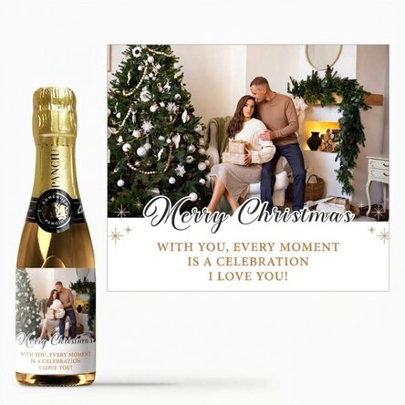 Mini bottle of sparkling wine personalised with text and a photo - Merry Christmas