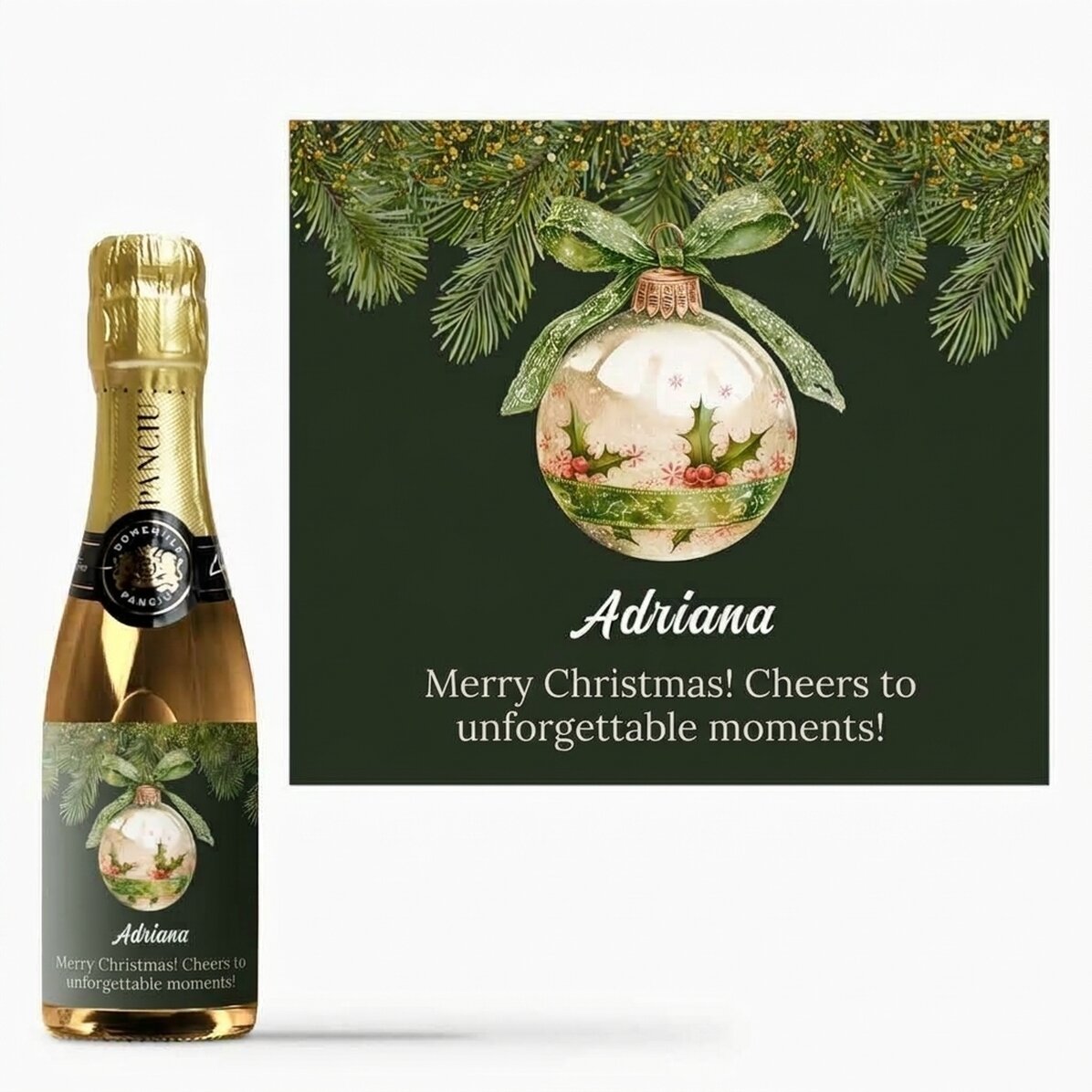 Mini bottle of sparkling wine personalised with text - Christmas bauble