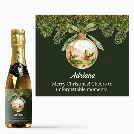 Mini bottle of sparkling wine personalised with text - Christmas bauble