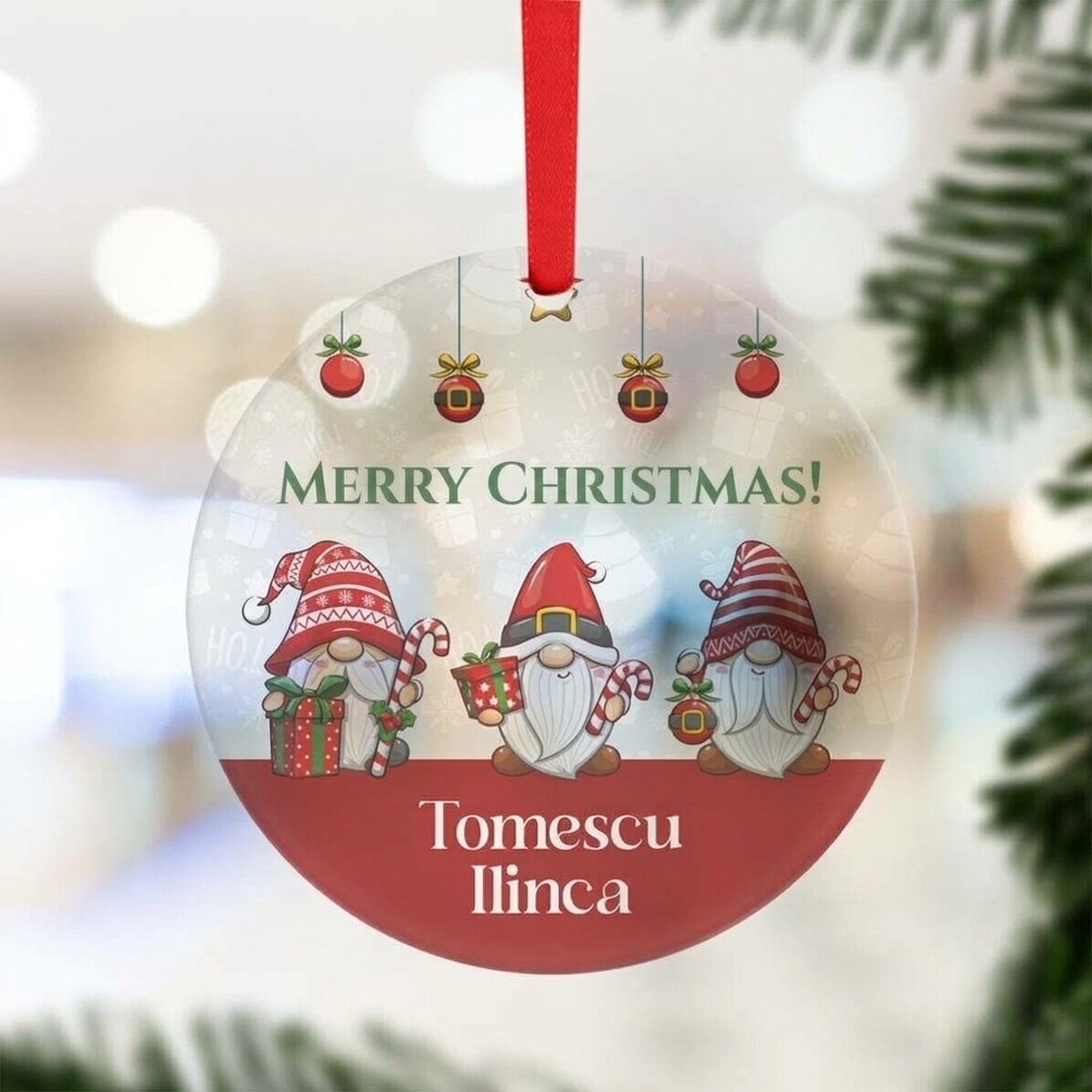 Personalised round ornament with message - Gnome