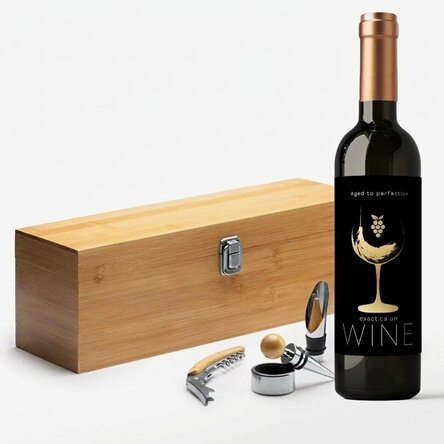 Gift set of wine bottle and bamboo box with accessories