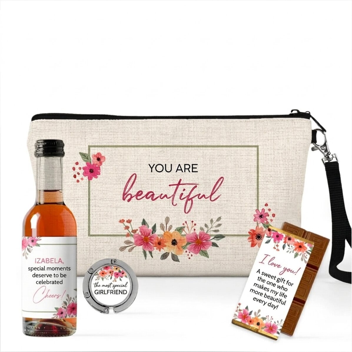 Gift set with a mini bottle of personalised wine for her
