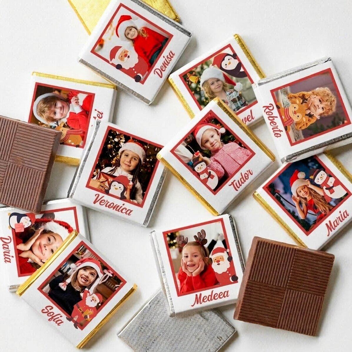 Set of 10 mini chocolates personalised with photos and names - Cute Christmas