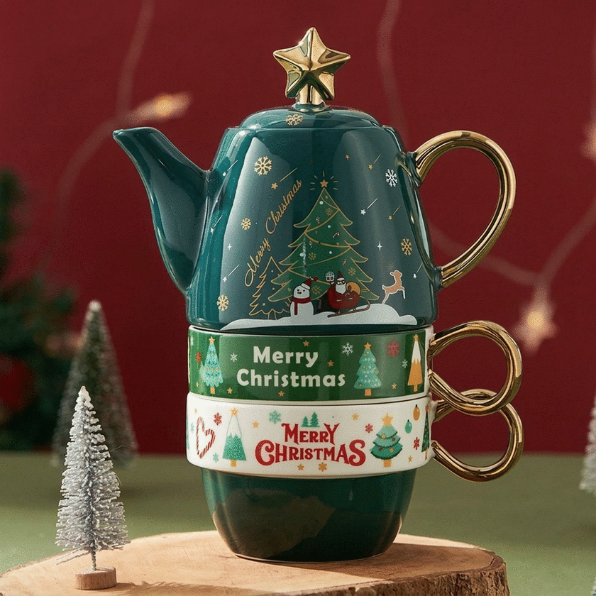 Christmas gift set of 2 mugs and teapot