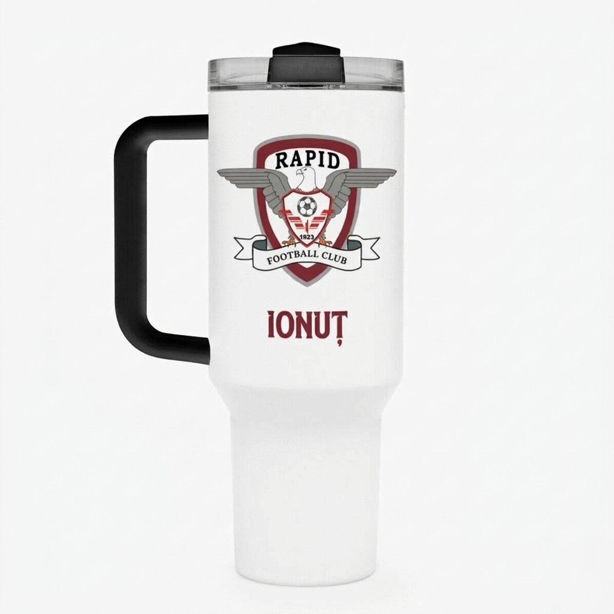 FC Rapid thermos mug with handle and straw, personalised with logo and name