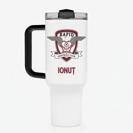 FC Rapid thermos mug with handle and straw, personalised with logo and name