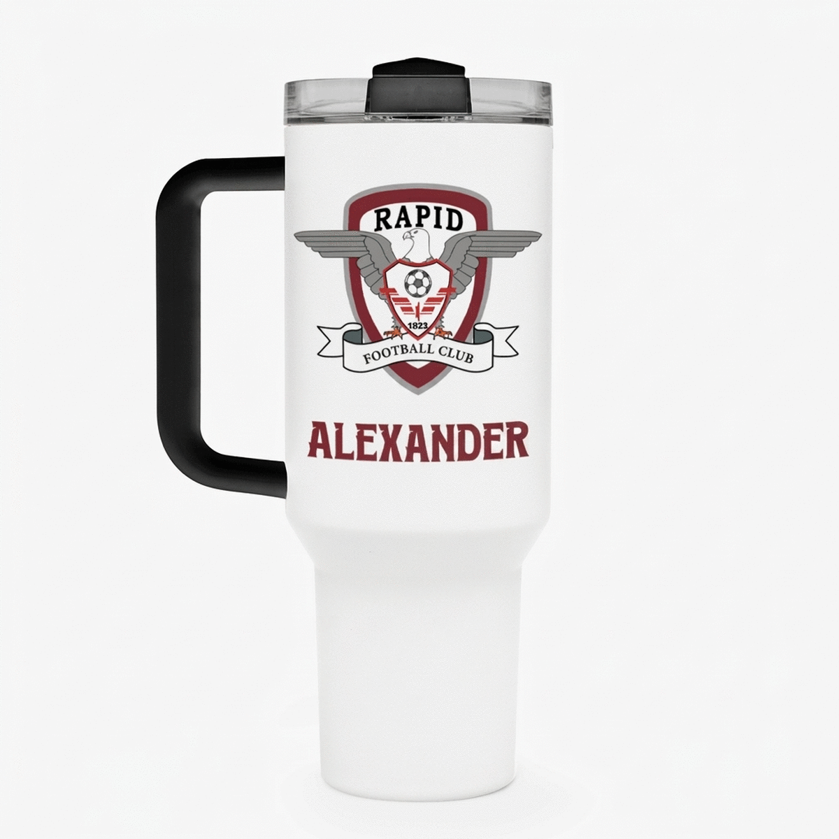 FC Rapid thermos mug with handle and straw, personalised with logo and message