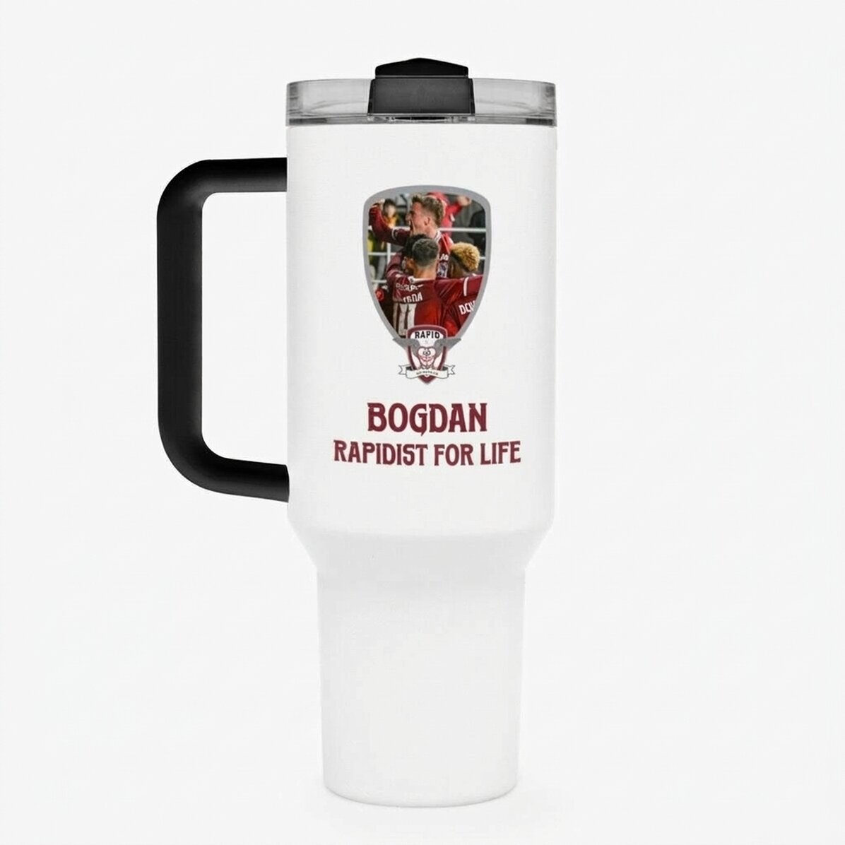 FC Rapid thermos mug with handle and straw, personalised with photo and text