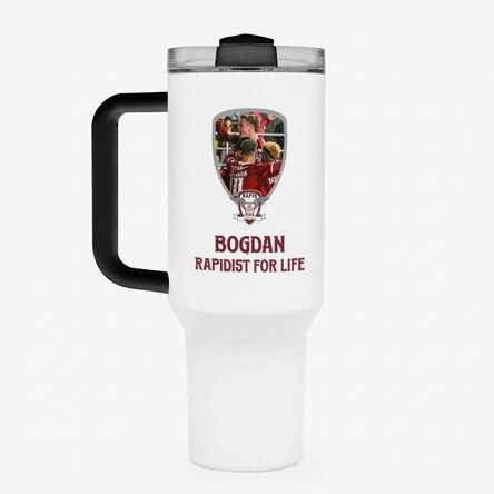 FC Rapid thermos mug with handle and straw, personalised with photo and text