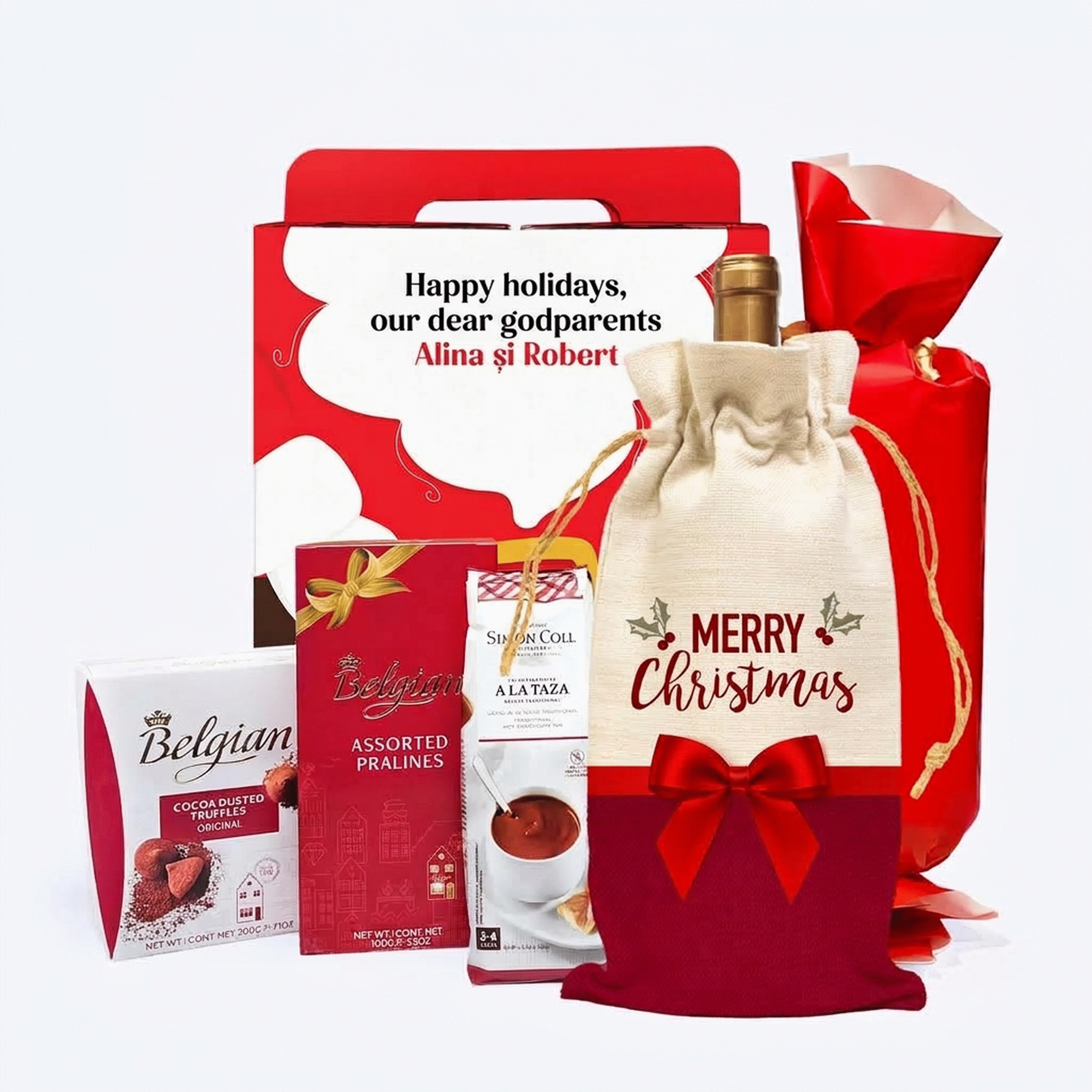 Gift box from Father Christmas with a personalised sticker featuring a message