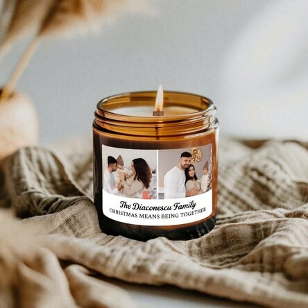 Small scented candle personalised with 2 photos and text