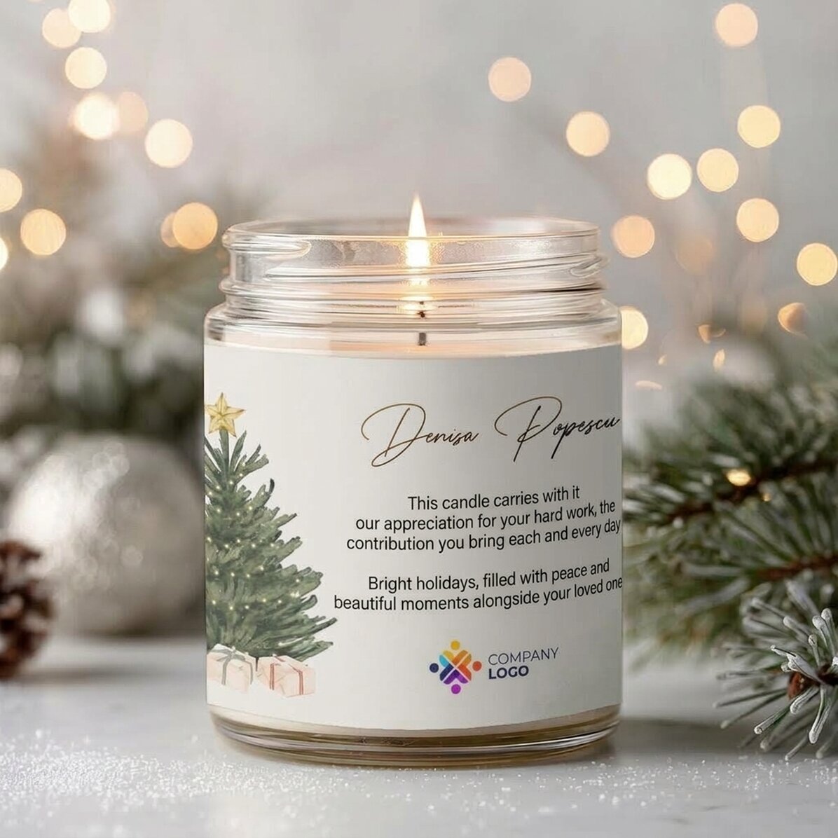 Large scented candle personalised with logo and message - Christmas