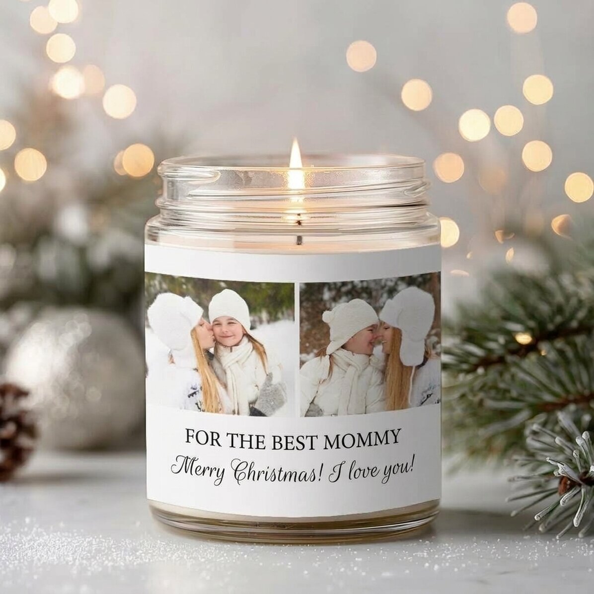 Large scented candle personalised with 2 photos and text