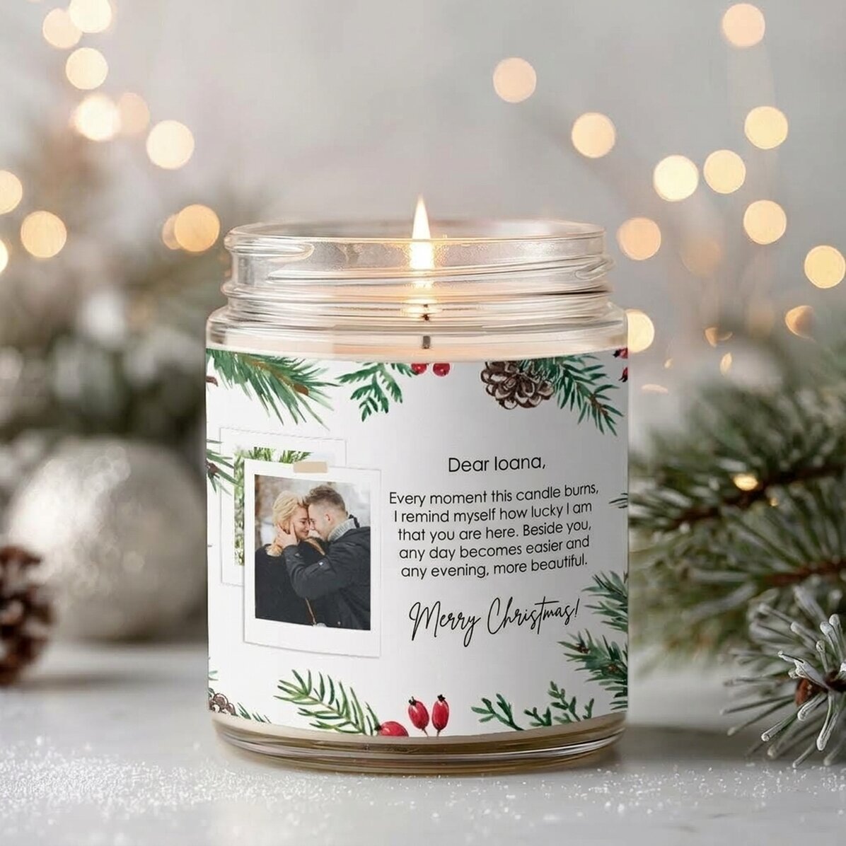 Large scented candle personalised with a photo and text - Winter Magic