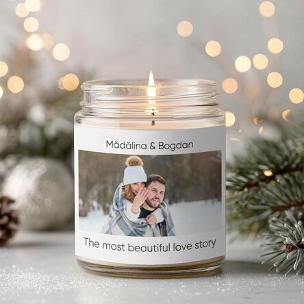 Large scented candle personalised with a photo and text