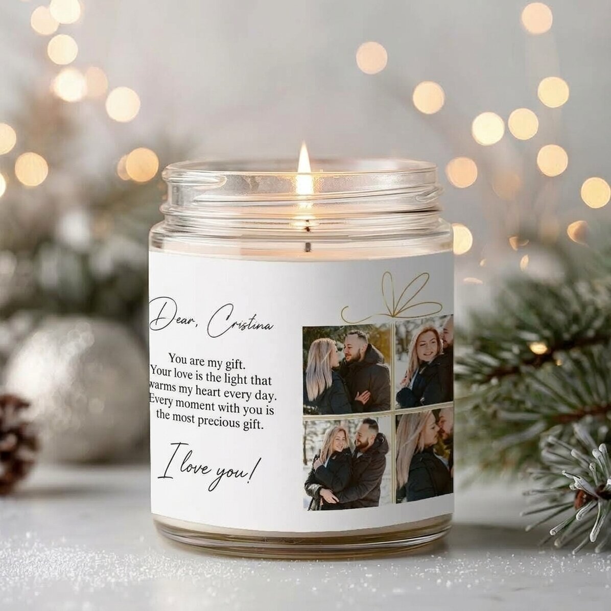 Large scented candle personalised with 4 photos and text - Christmas gift