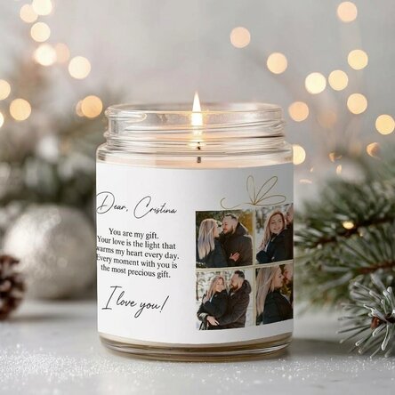 Large scented candle personalised with 4 photos and text - Christmas gift