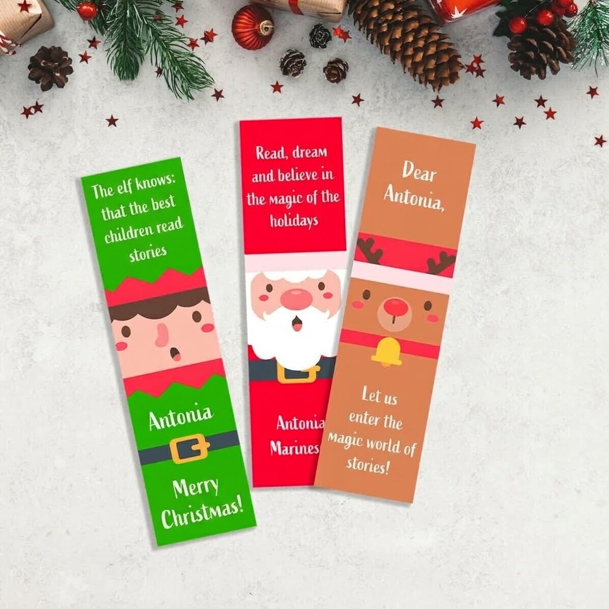 Set of 3 personalised bookmarks with text - Christmas characters