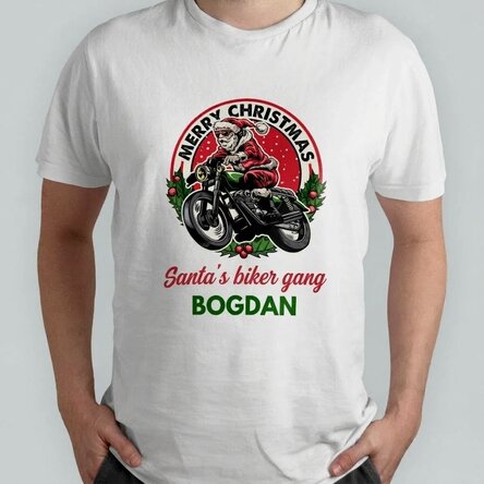 Custom cotton T-shirt with text - Santa Claus on a motorbike