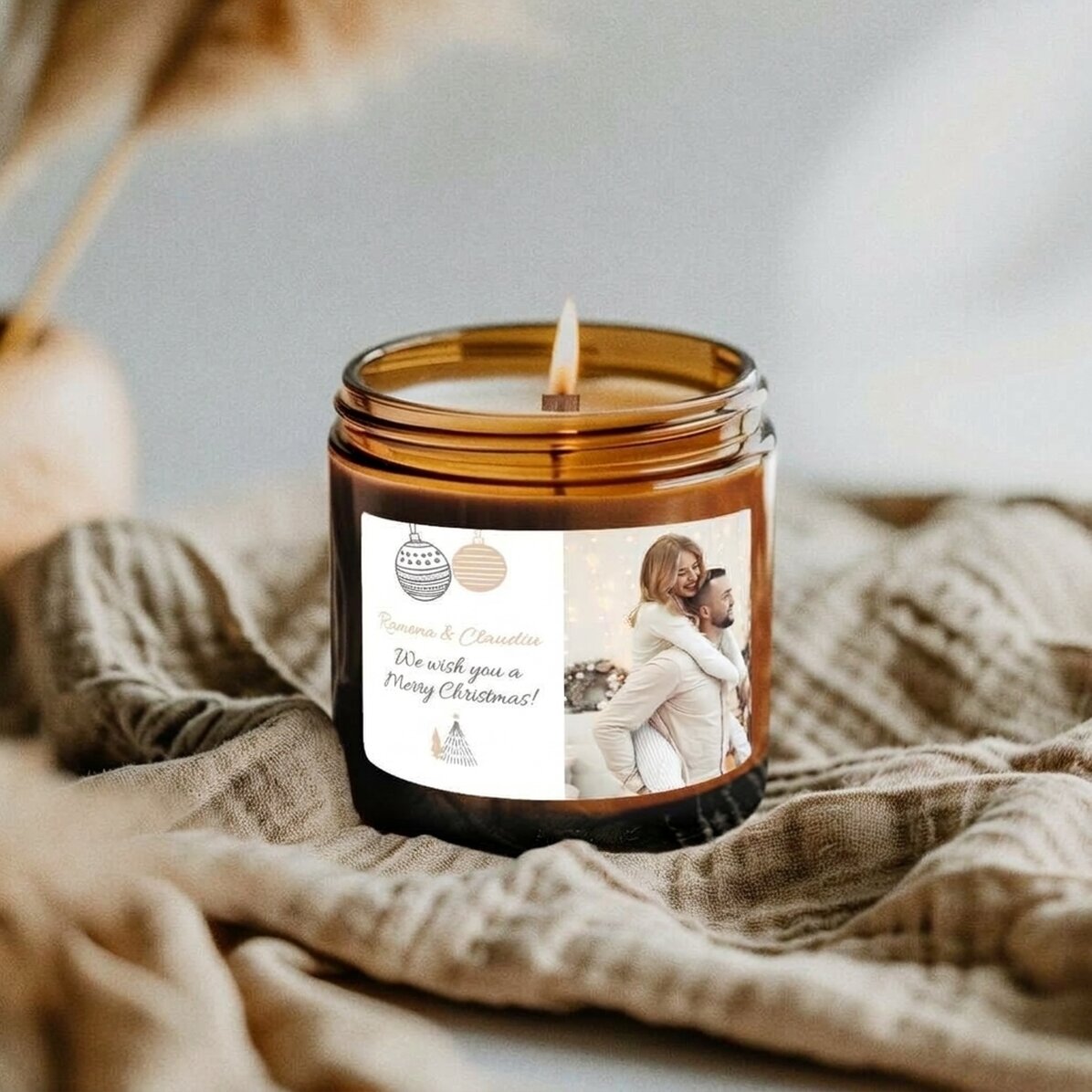 Small scented candle personalised with a photo and message - Christmas