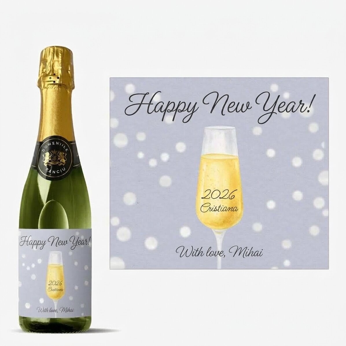 Medium bottle of sparkling wine personalised with text - Champagne Glass