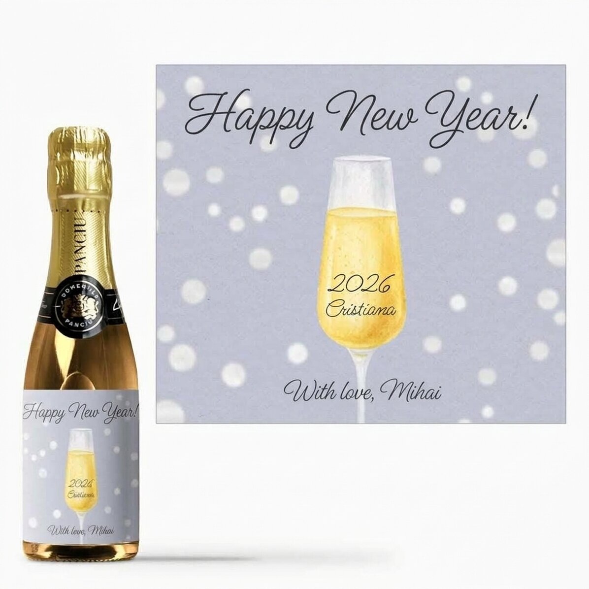 Mini bottle of sparkling wine personalised with text - Champagne Glass