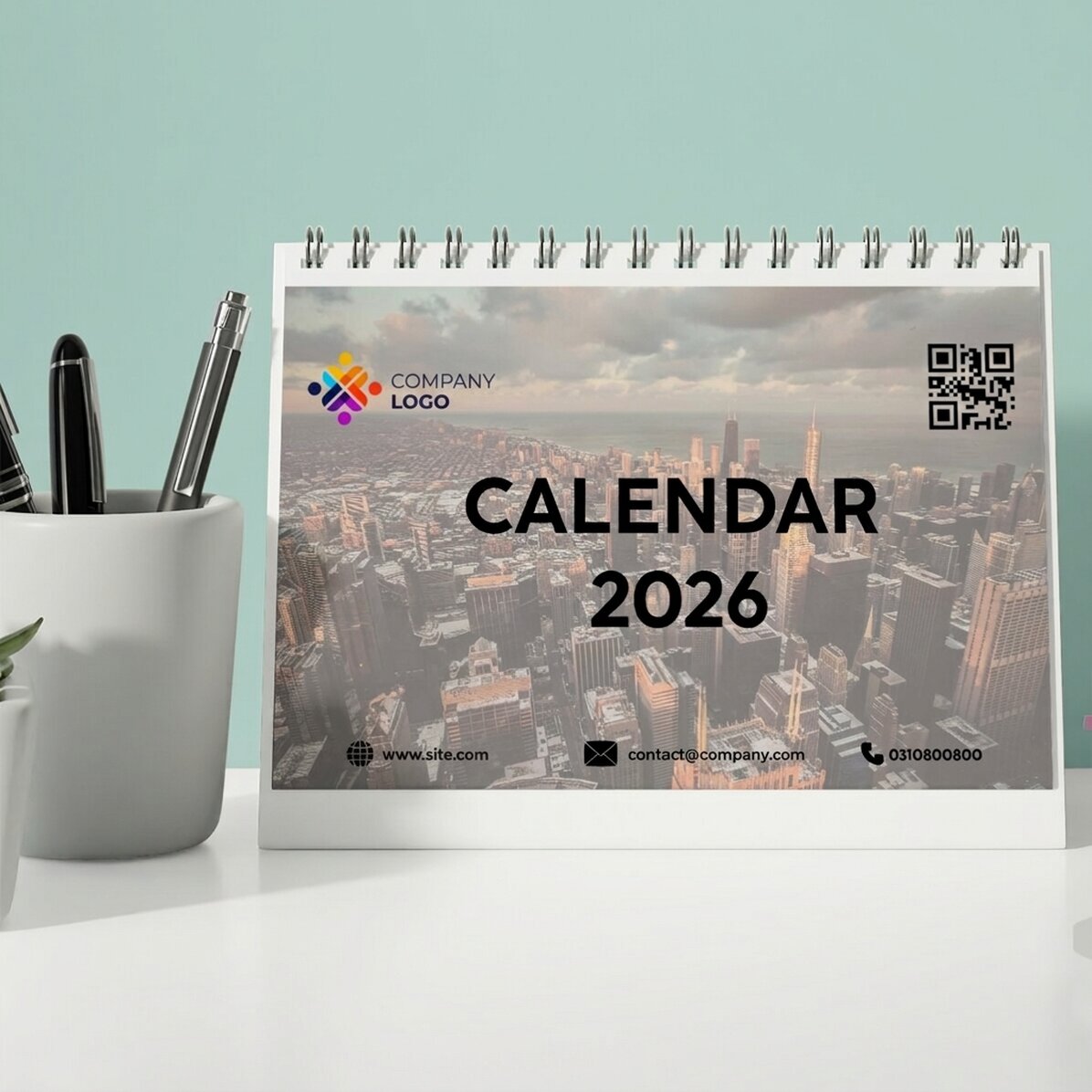 Personalised desk calendar with logo, photos, text and QR code