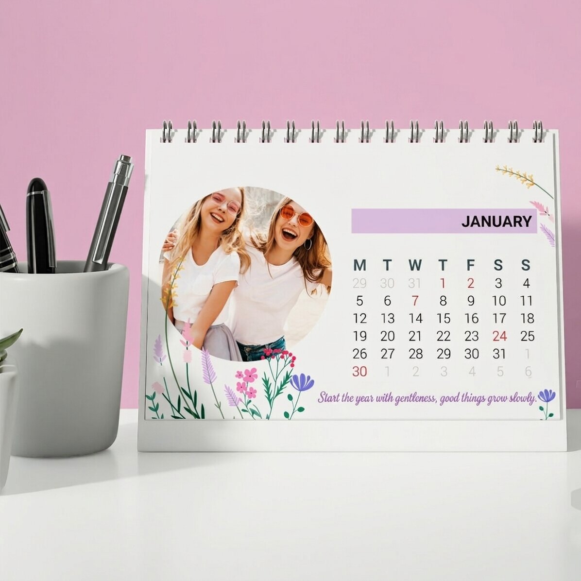 Personalised desk calendar with photos and text - Floral