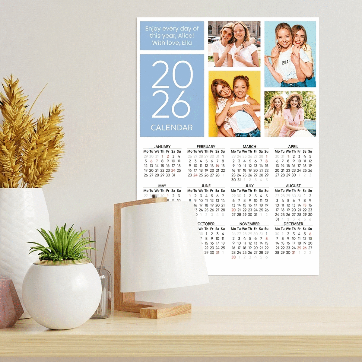 Personalised calendar poster with 4 photos and message