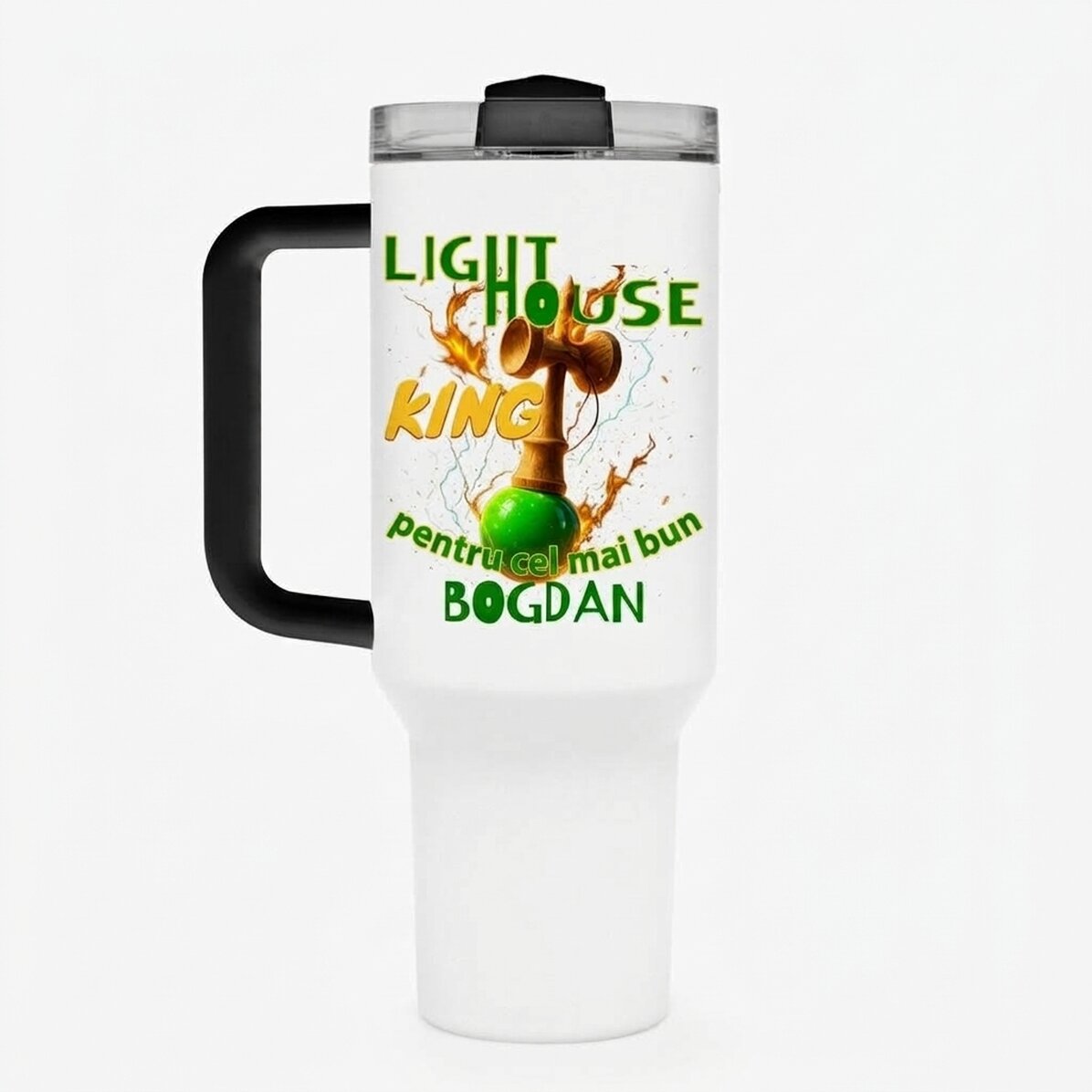 Thermos mug with handle and straw, personalised with name - Lighthouse King