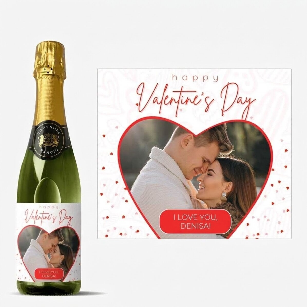 Medium bottle of sparkling wine personalised with a photo and text - Heart