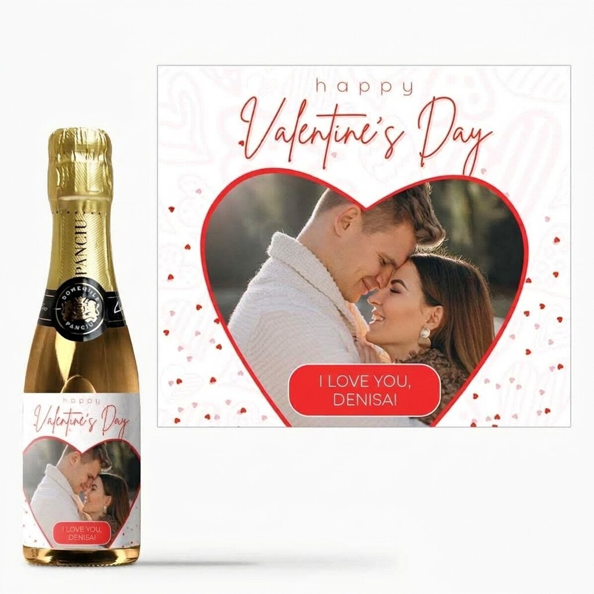 Mini bottle of sparkling wine personalised with a photo and text - Heart