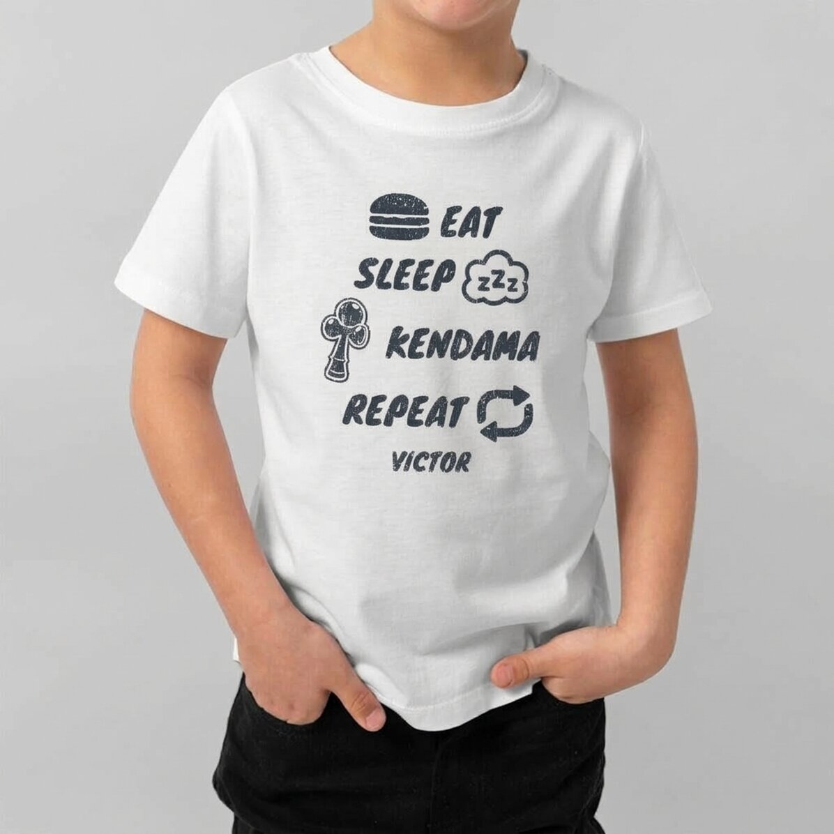 Customised cotton T-shirt for children with text - Eat, sleep, kendama, repeat
