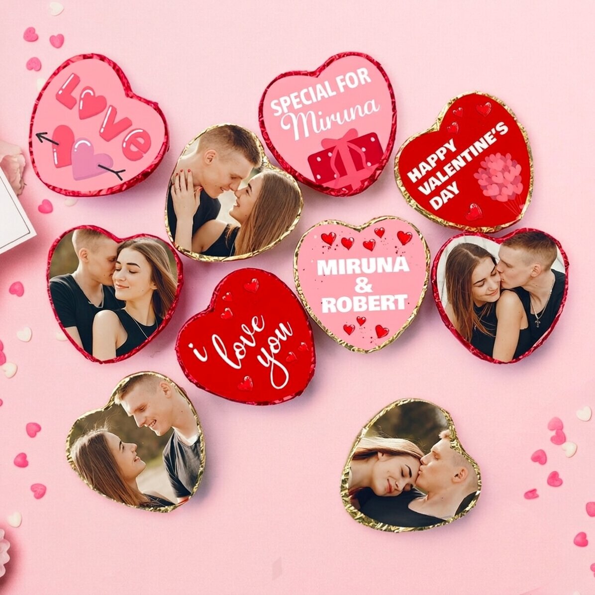 Set of 10 mini heart chocolates personalised with photos and text - Love