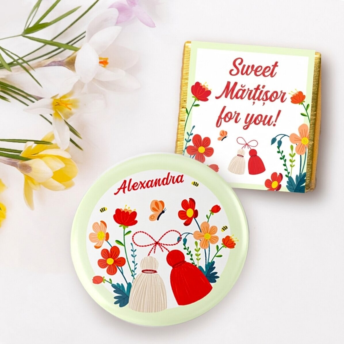 Gift set with mini chocolate and personalised badge with name