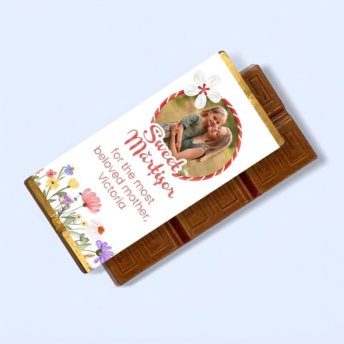 Mini chocolate bar personalised with a message and a sweet photo