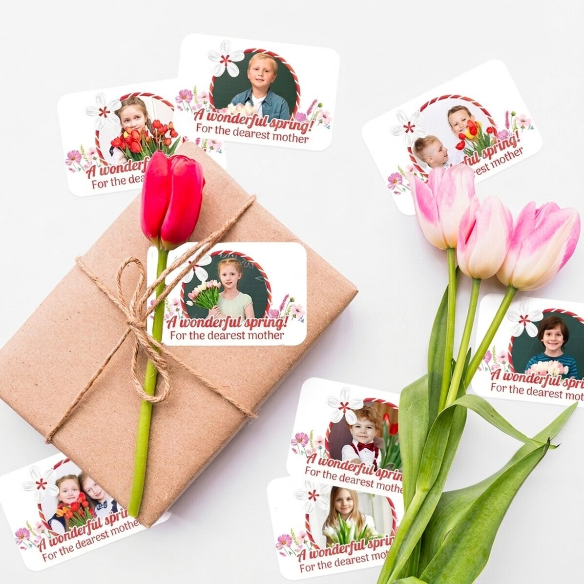 Set of 8 stickers (self-adhesive labels) personalised with photos and message