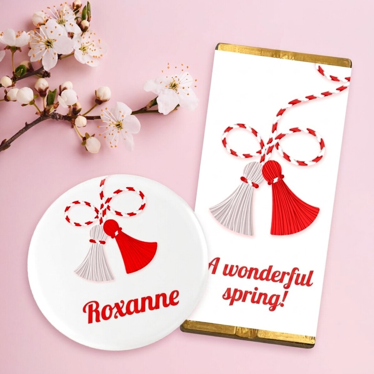 Gift set with mini chocolate bar and personalised badge with name