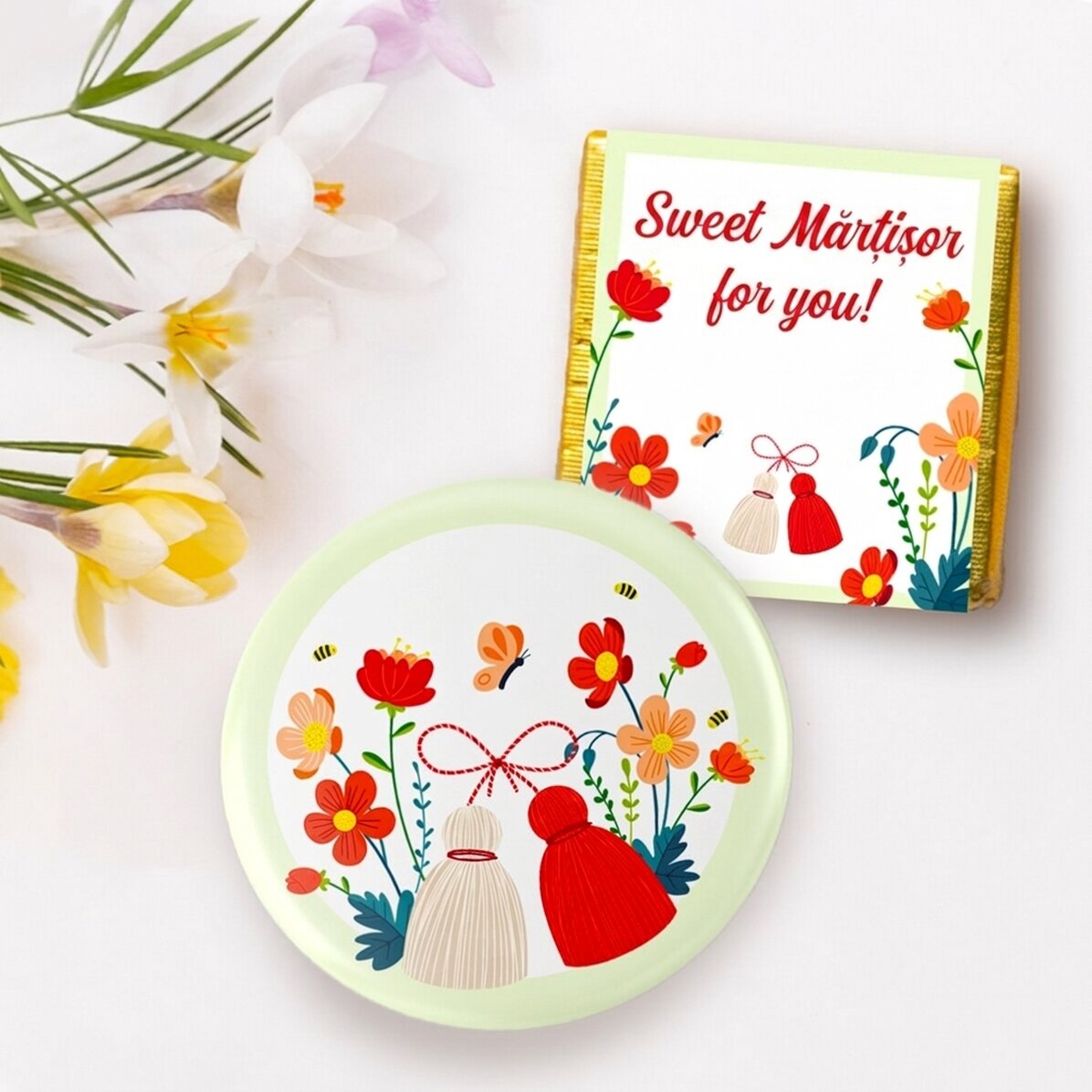 Gift set with mini chocolate and badge