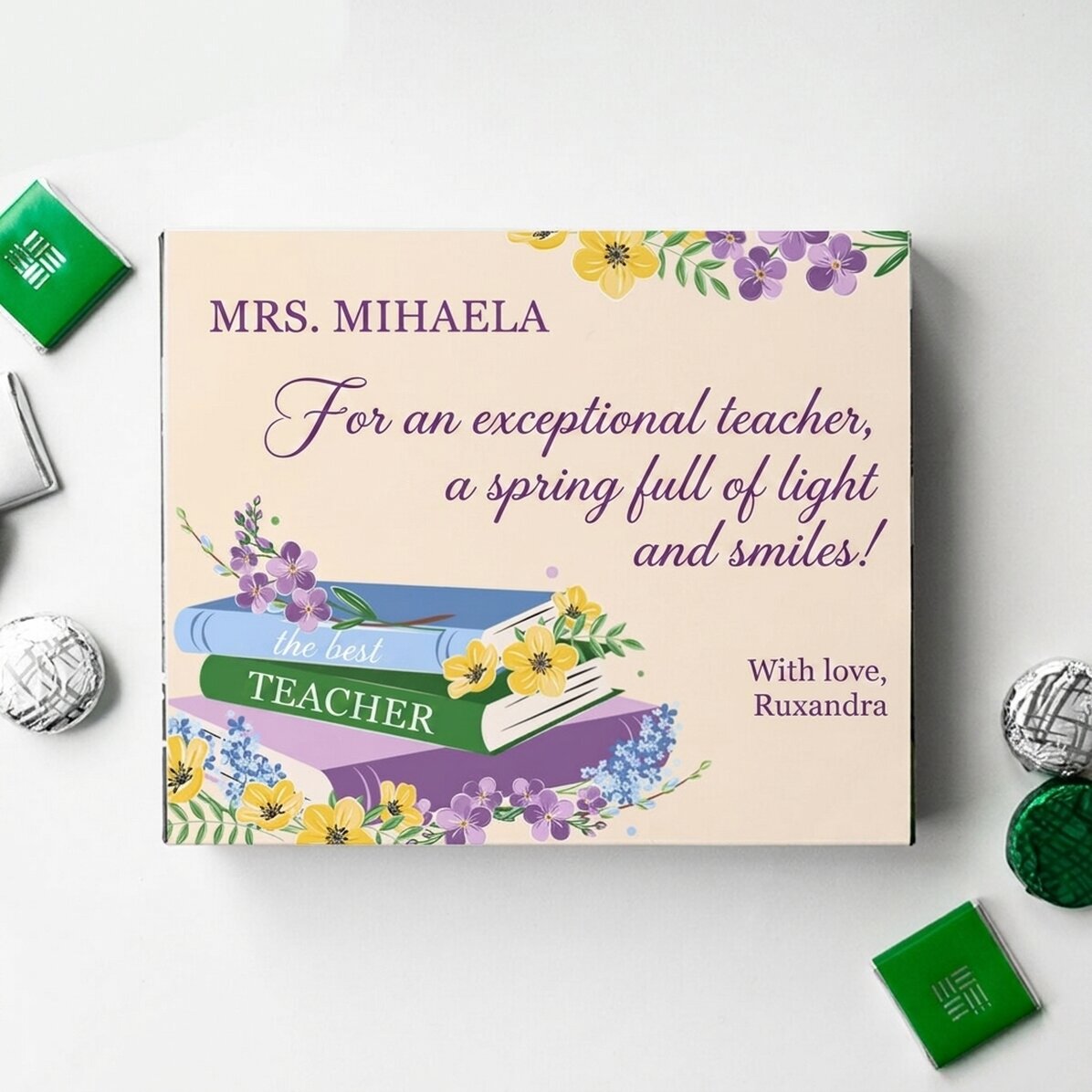 Personalised box of sweets with text and name for teachers