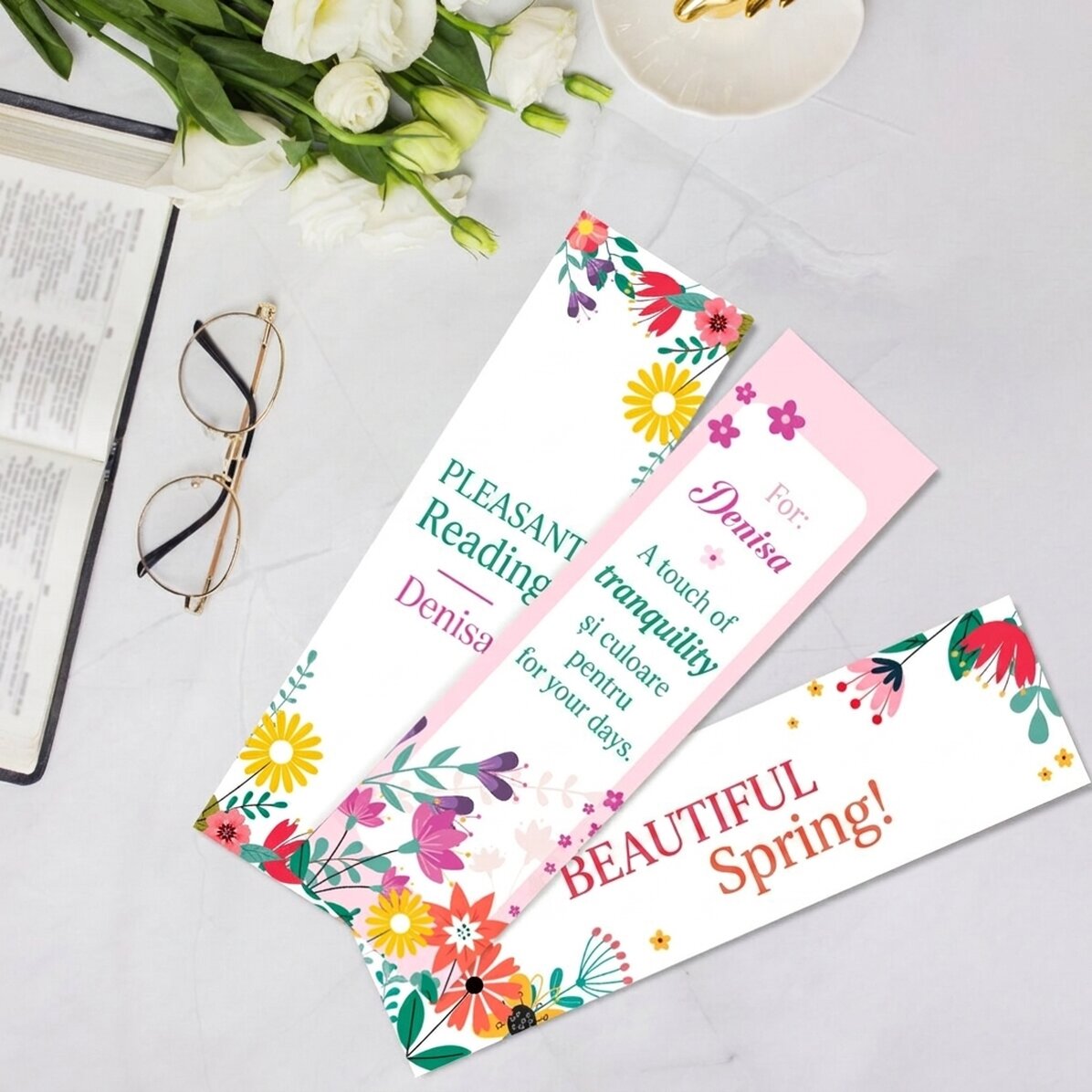 Set of 3 personalised bookmarks with text - Spring