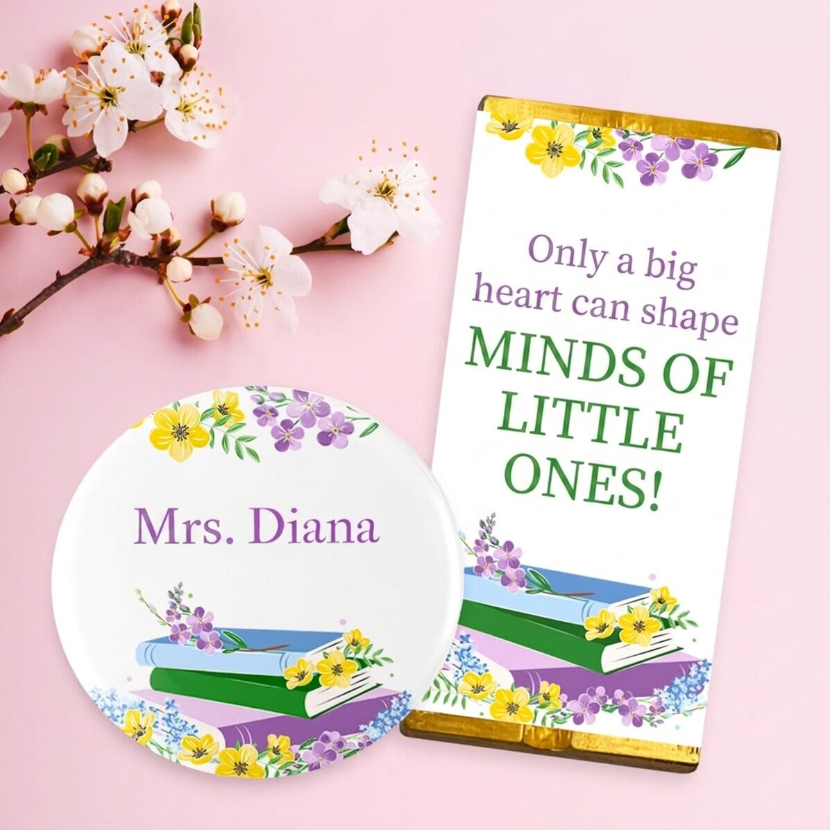 Gift set with mini chocolate bar and personalised badge with name - Teacher